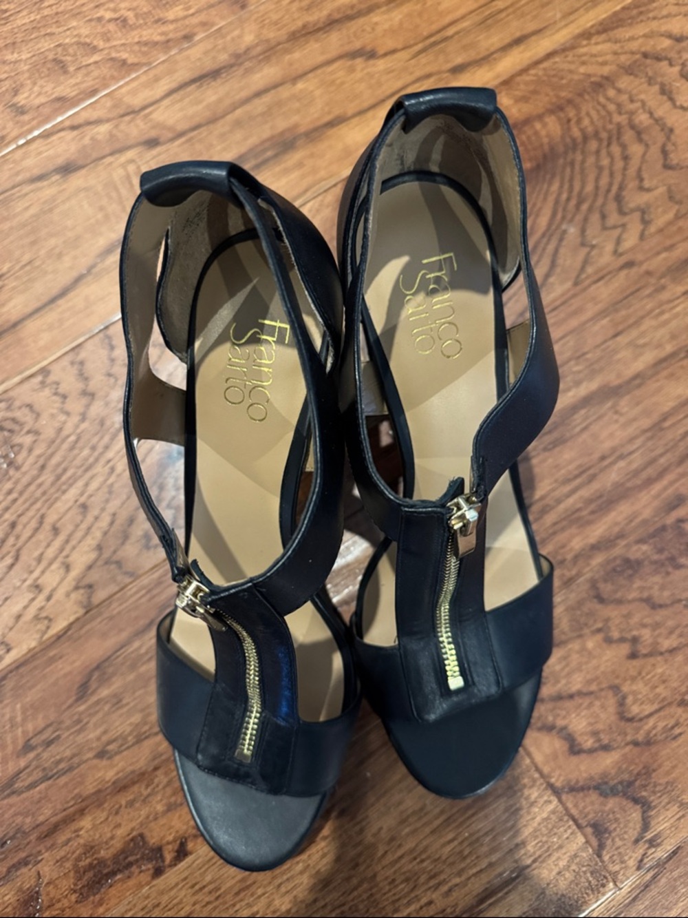 Franco Sarto Women's Black T-Strap High Heel Sandals with Front Zip - Picture 2 of 4
